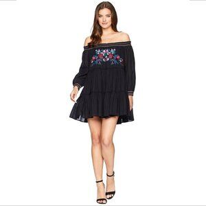 Free People Sunbeams Boho mini dress embroidery smocking off shoulder tiered L